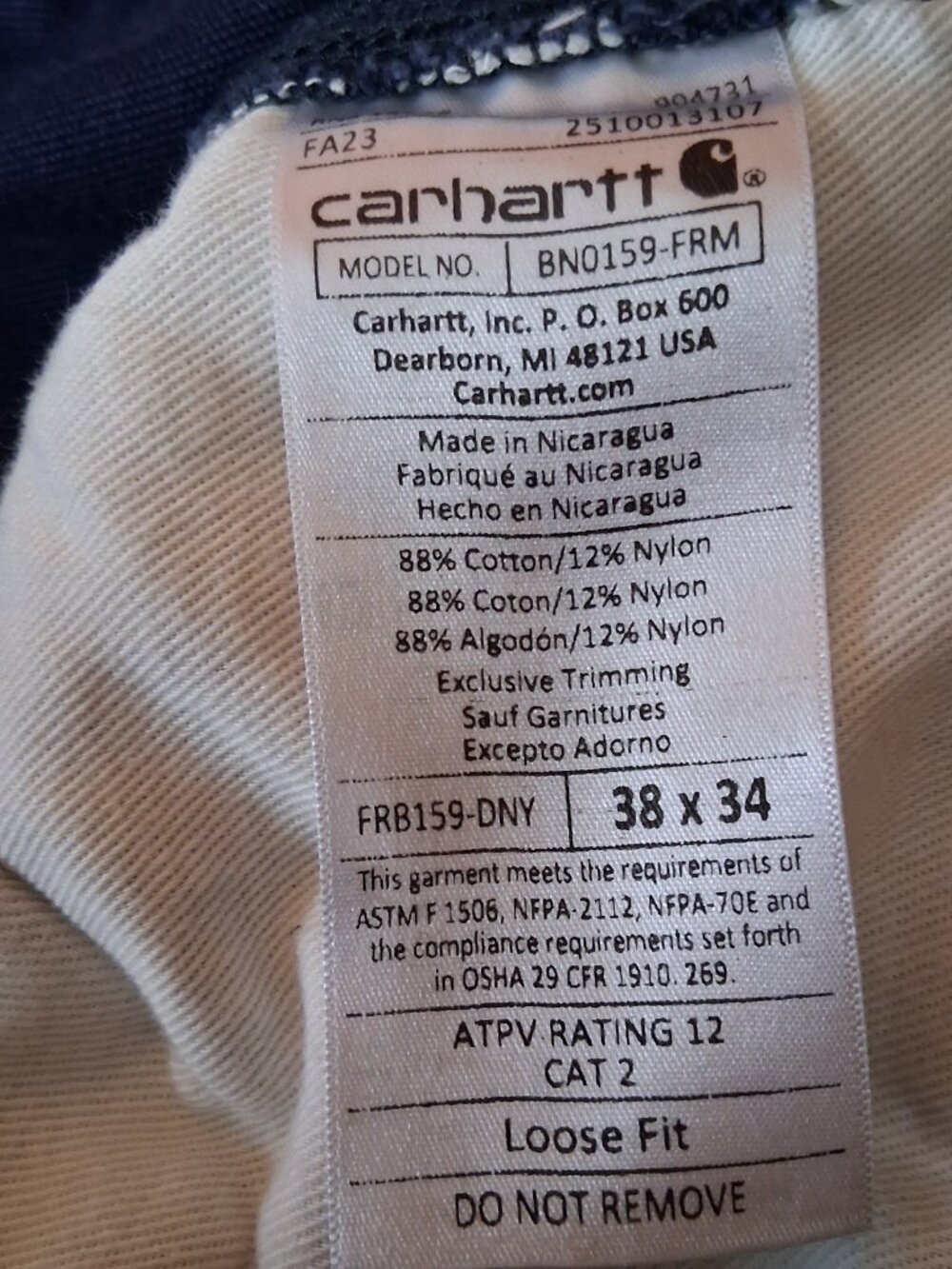 Carhartt FR Pants 36x32 Loose Fit Actual Size Blue Mid Weight Canvas CAT 2 2112 - Picture 6 of 16